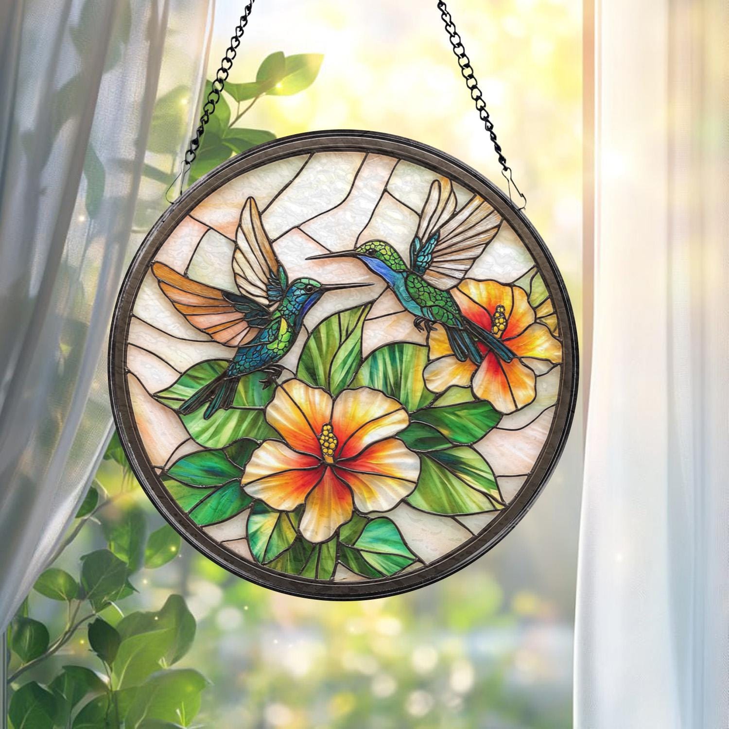 Hummingbird and Hibiscus Glass Suncatcher, Window Hanging Decor, Tropical Floral Accent, Bird Lover Gift, Mother’s Day Gift, Glass Wall Art