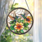 Hummingbird and Hibiscus Glass Suncatcher, Window Hanging Decor, Tropical Floral Accent, Bird Lover Gift, Mother’s Day Gift, Glass Wall Art