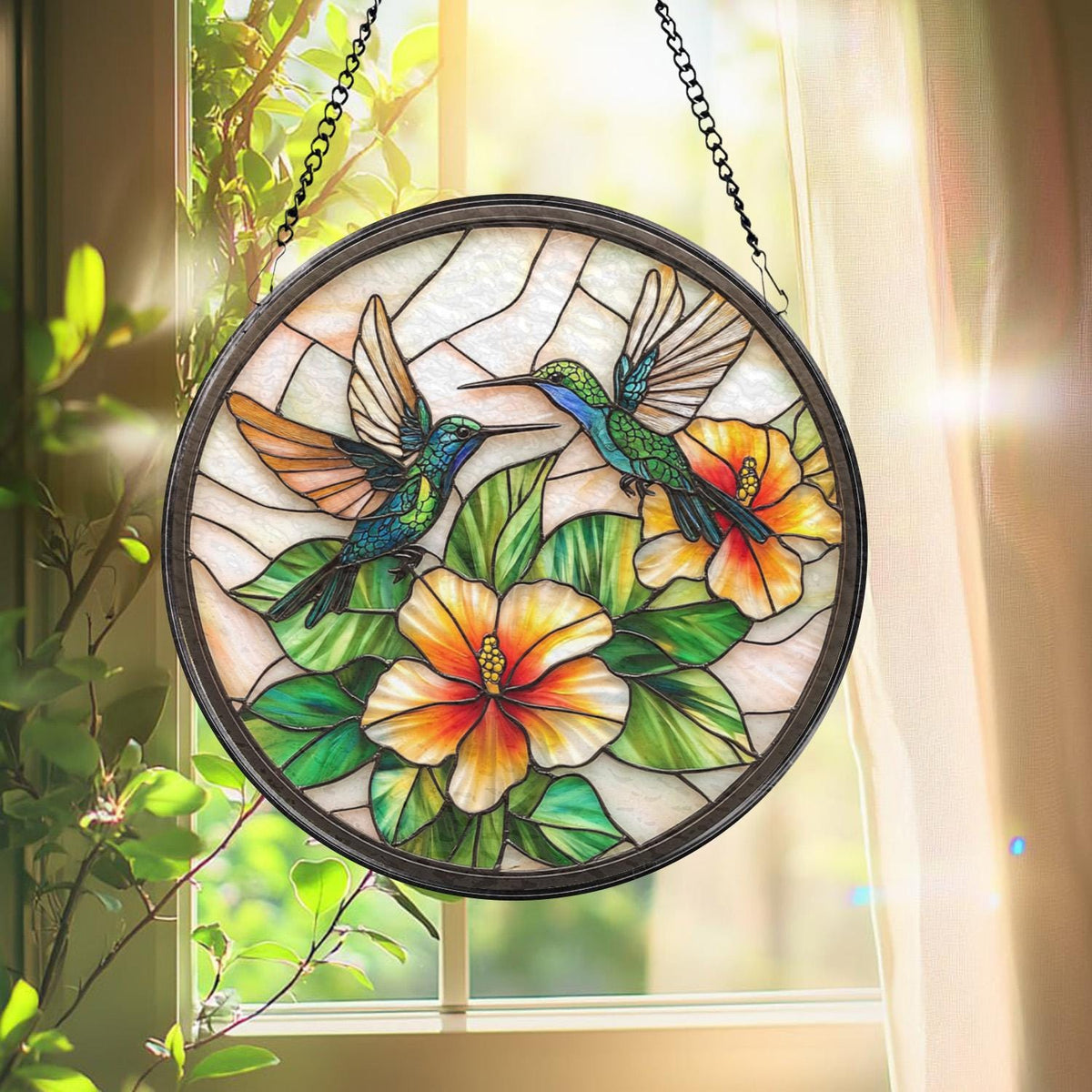 Hummingbird and Hibiscus Glass Suncatcher, Window Hanging Decor, Tropical Floral Accent, Bird Lover Gift, Mother’s Day Gift, Glass Wall Art