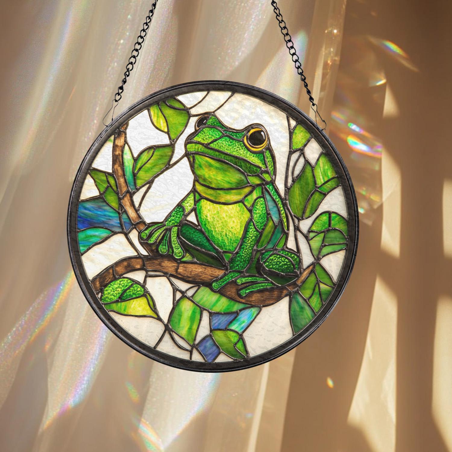 Green Frog Stained Glass Suncatcher, Lotus Flower Window Hanging, Outdoor Nature Decor, Amphibian Lover Gift, Garden Room Wall Art