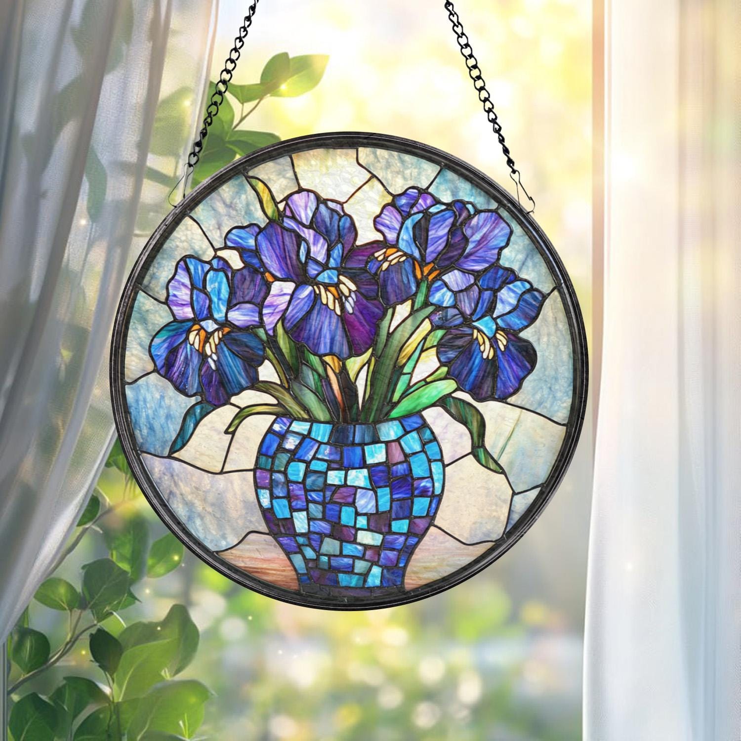 Purple Irises Glass Suncatcher, Floral Window Decor, Birth Flower Gift for Mom, Handmade Garden Accent, Gift for Flower Lovers