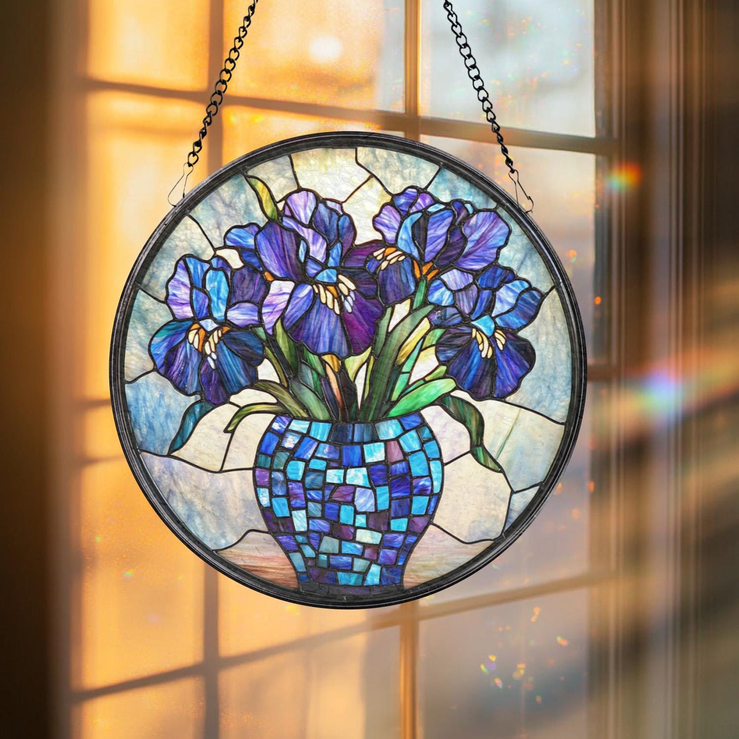 Purple Irises Glass Suncatcher, Floral Window Decor, Birth Flower Gift for Mom, Handmade Garden Accent, Gift for Flower Lovers