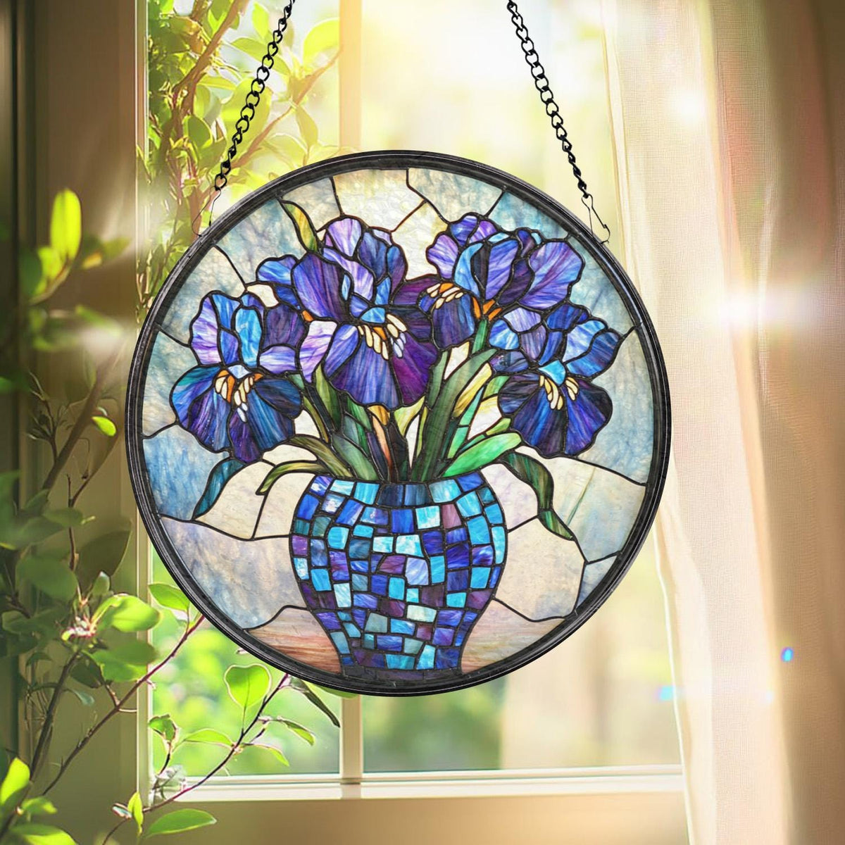 Purple Irises Glass Suncatcher, Floral Window Decor, Birth Flower Gift for Mom, Handmade Garden Accent, Gift for Flower Lovers