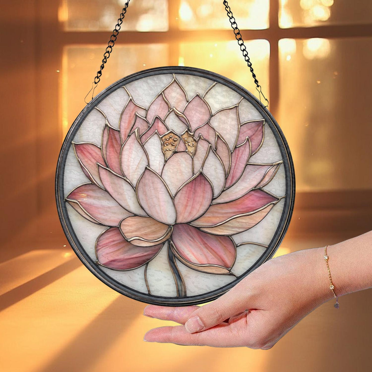 Pink Lotus Flower Glass Suncatcher, Zen Window Hanging, Spiritual Decor, Garden Accent, Gift for Mom, Nature Lover Gift, Tranquil Wall Art