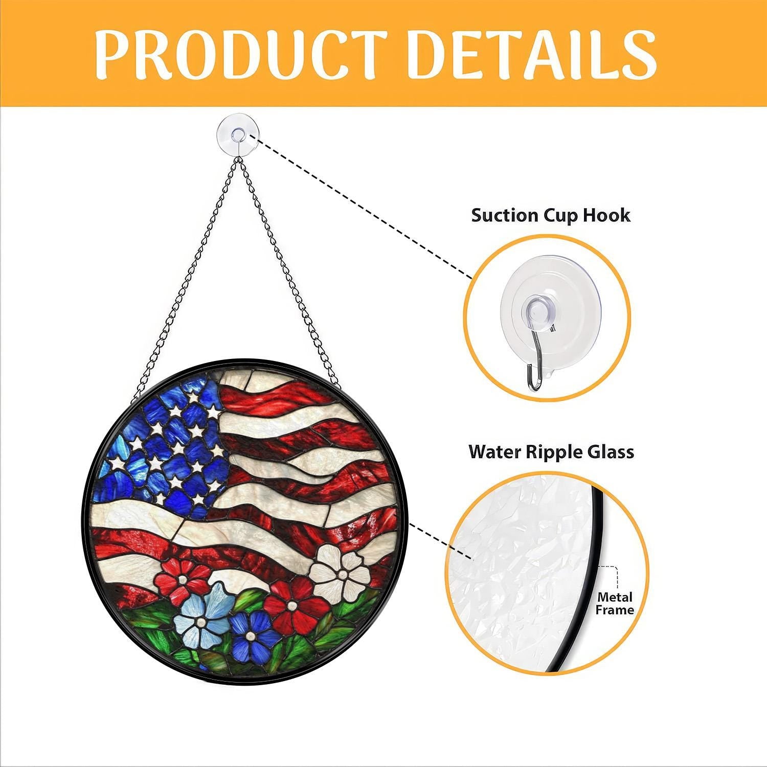 American Flag Stained Glass Suncatcher for Windows, Patriotic Home Decor, Rustic USA Style, Gift for Veterans, Fourth of July Decoration