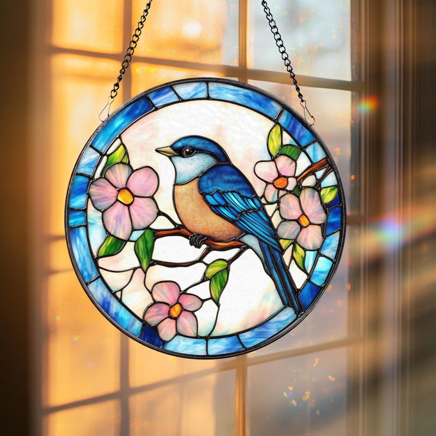 Bluebird Stained Glass Suncatcher, Bird Window Hanging Decor, Nature-Inspired Gift, Bluebird House Accent, Garden or Home Wall Art