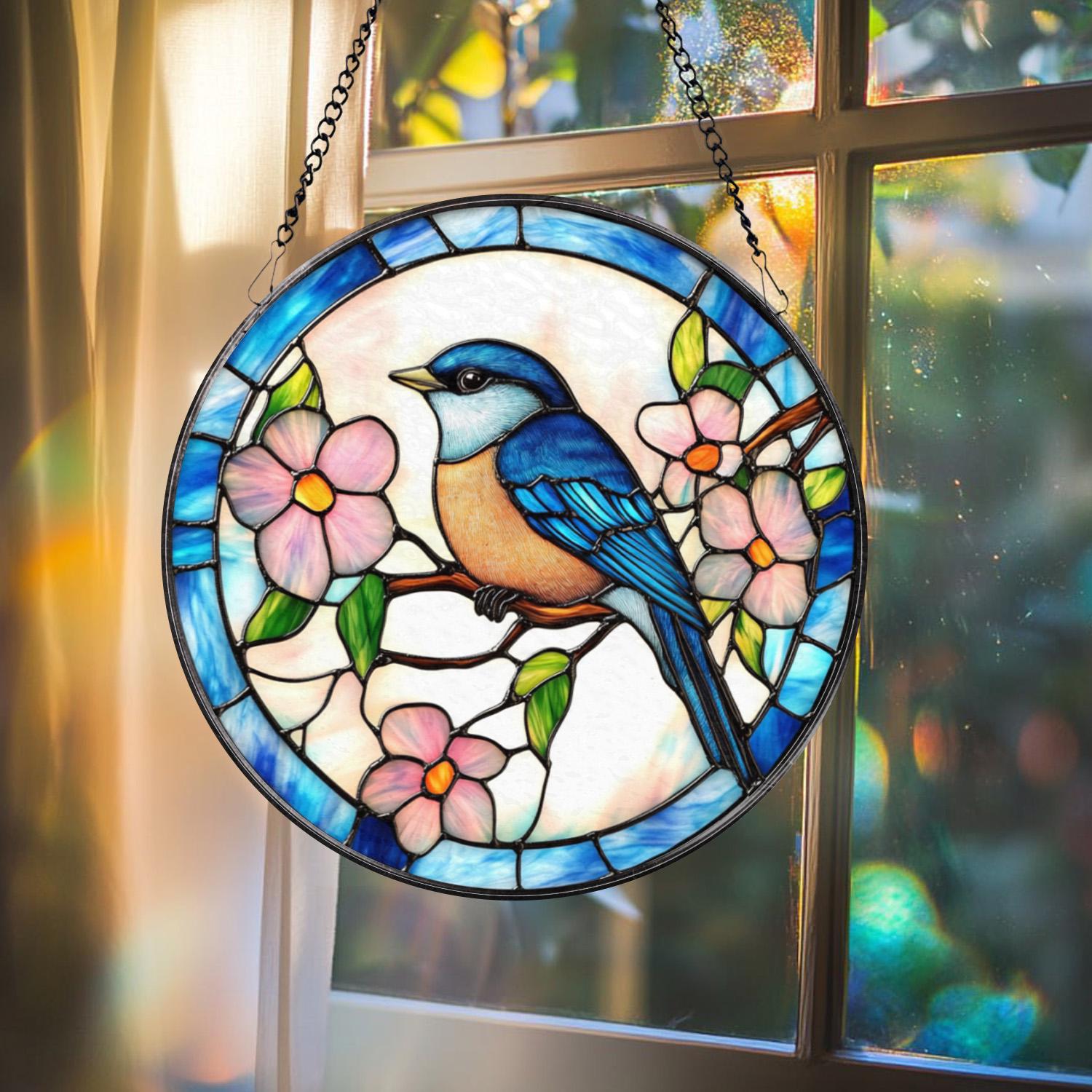 Bluebird Stained Glass Suncatcher, Bird Window Hanging Decor, Nature-Inspired Gift, Bluebird House Accent, Garden or Home Wall Art