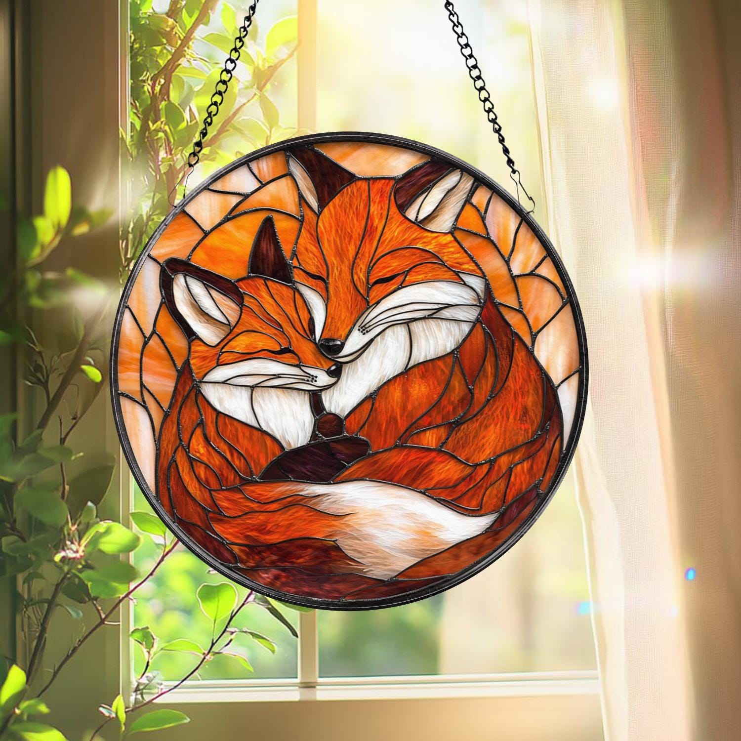 Custom Fox Family Stained Glass Suncatcher, Personalized Mother’s Day Gift, Animal Family Window Art, Nature Decor, Gift for Mom