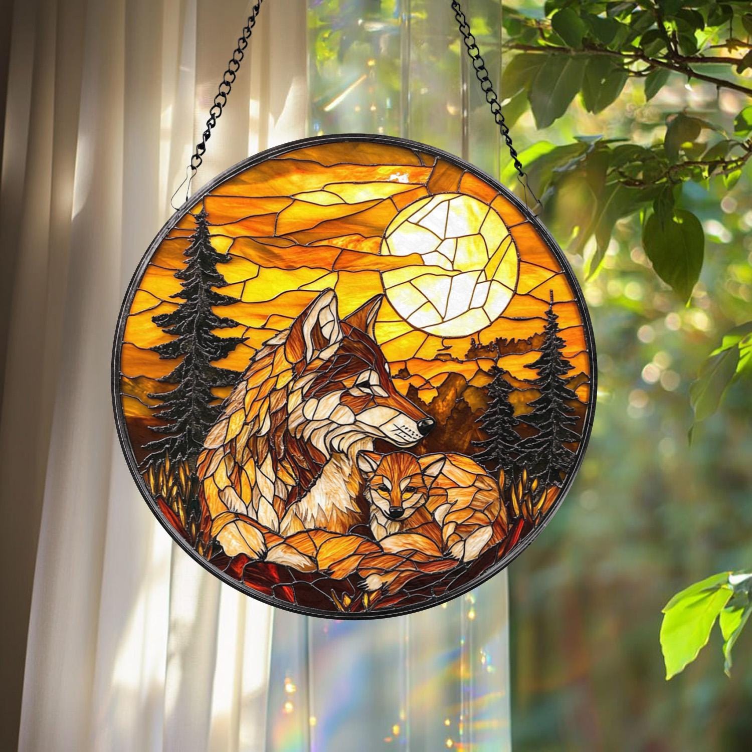 Wolf and Cub Moon Stained Glass Suncatcher, Forest Animal Window Hanging, Wildlife Decor, Nature Lover Gift, Spirit Animal Wall Art