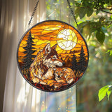 Wolf and Cub Moon Stained Glass Suncatcher, Forest Animal Window Hanging, Wildlife Decor, Nature Lover Gift, Spirit Animal Wall Art