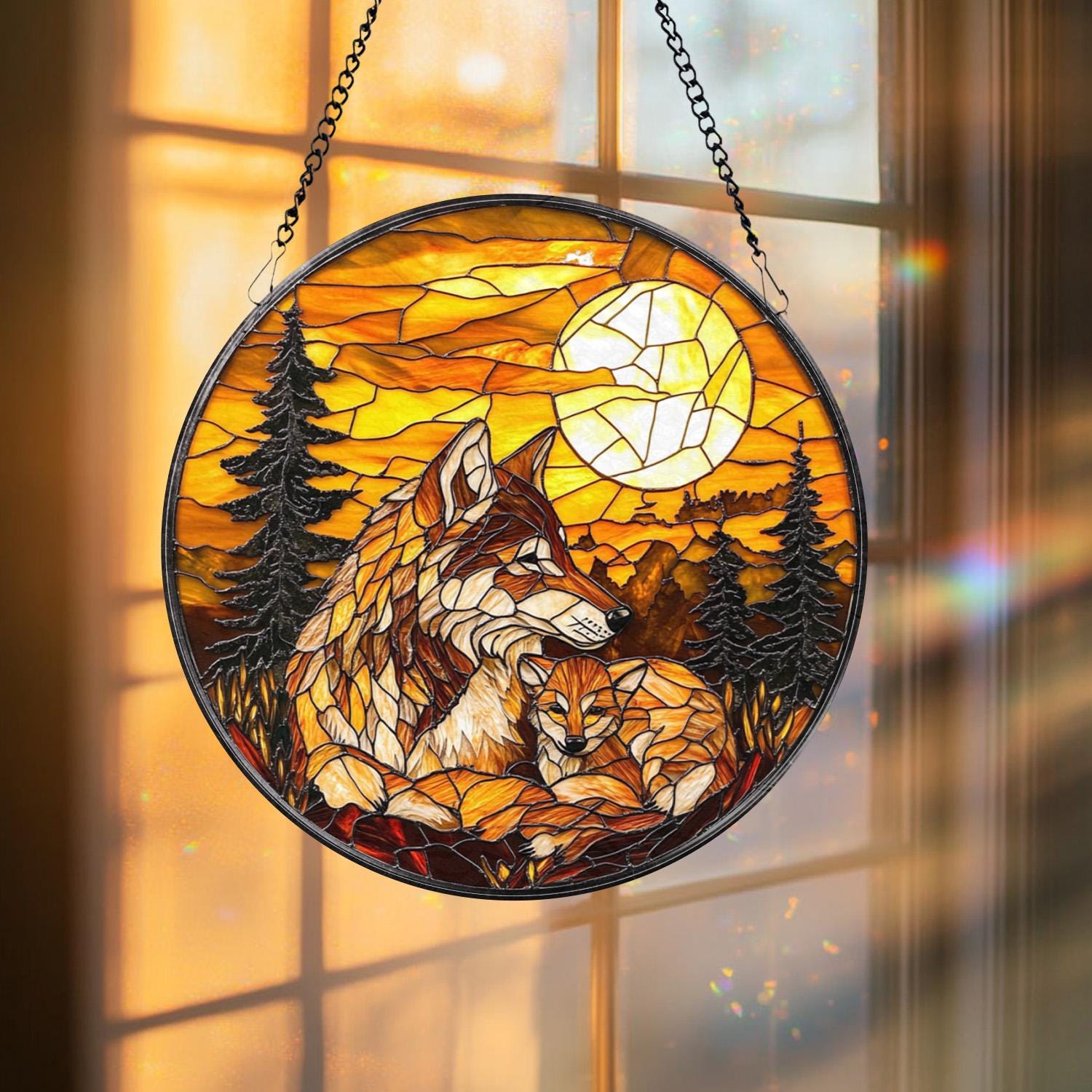 Wolf and Cub Moon Stained Glass Suncatcher, Forest Animal Window Hanging, Wildlife Decor, Nature Lover Gift, Spirit Animal Wall Art