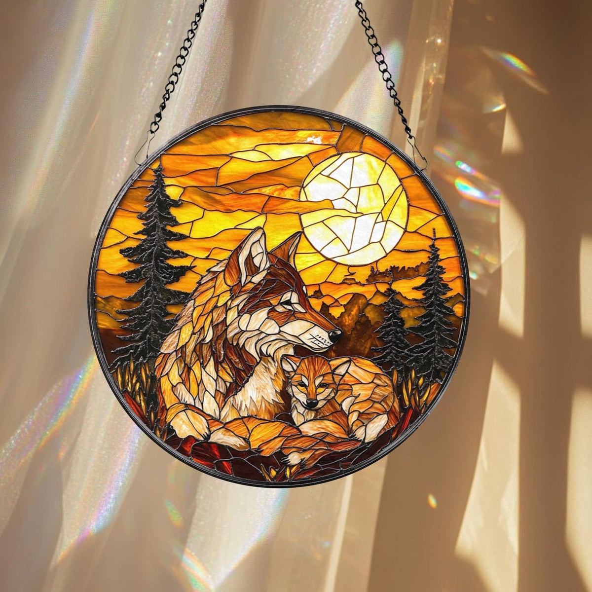 Wolf and Cub Moon Stained Glass Suncatcher, Forest Animal Window Hanging, Wildlife Decor, Nature Lover Gift, Spirit Animal Wall Art