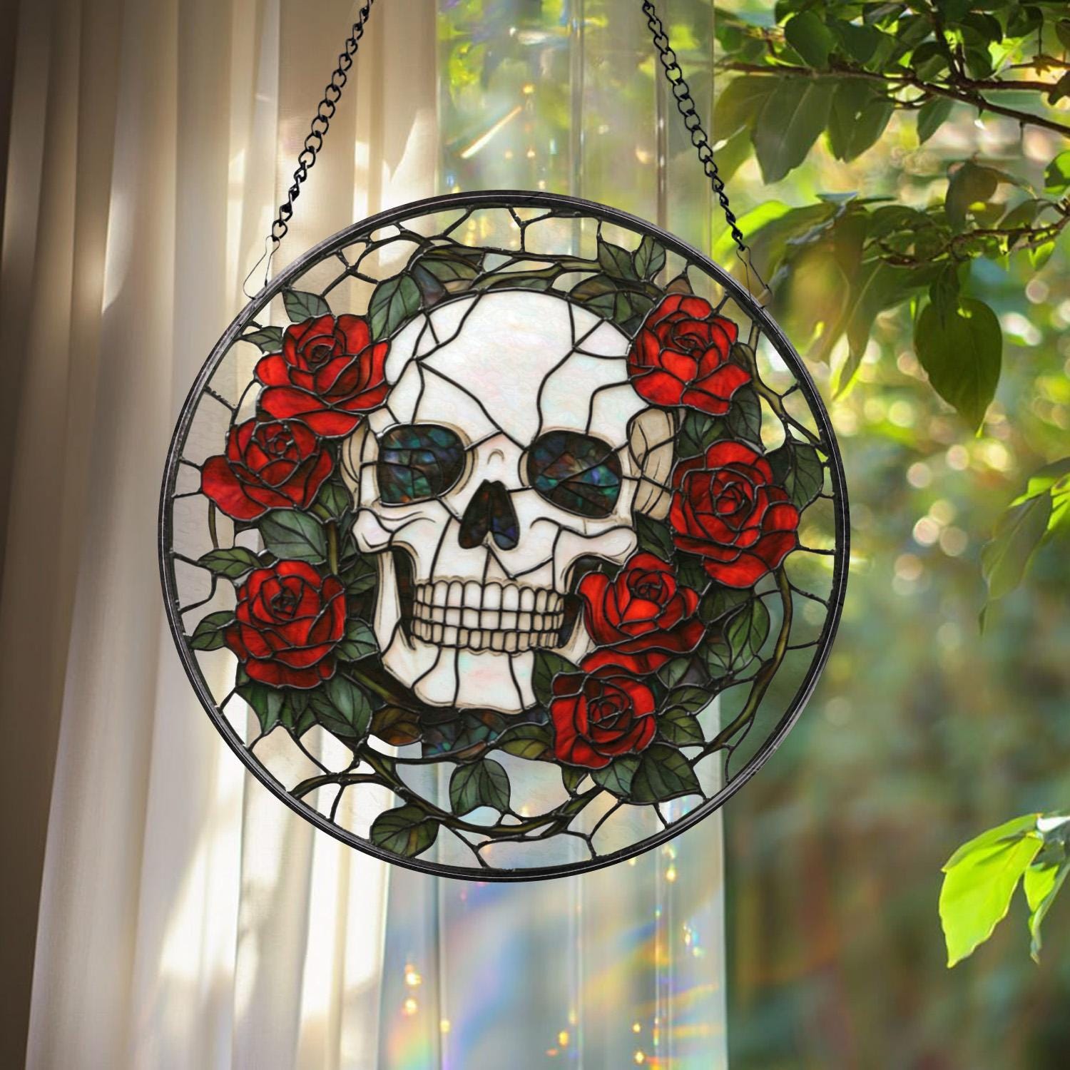 Skull and Rose Gothic Stained Glass Suncatcher, Halloween Window Hanging, Spooky Floral Art, Gothic Gift, Dark Aesthetic Home Decor