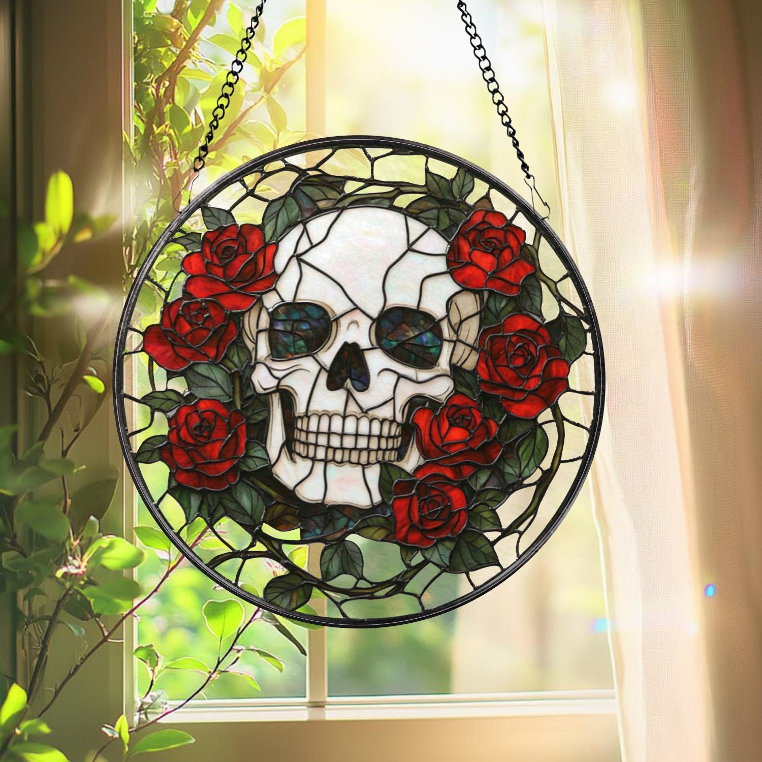 Skull and Rose Gothic Stained Glass Suncatcher, Halloween Window Hanging, Spooky Floral Art, Gothic Gift, Dark Aesthetic Home Decor