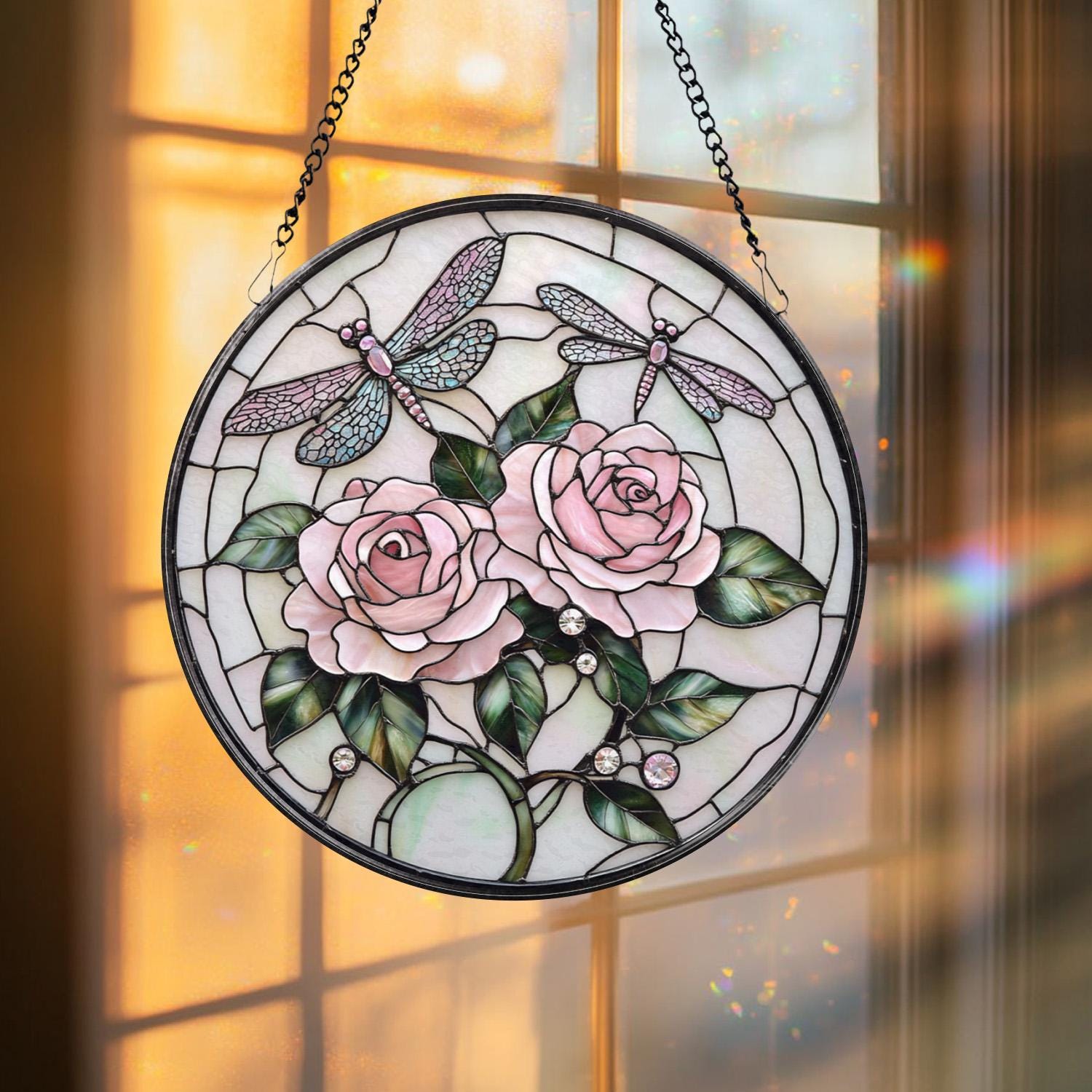 Double Dragonfly and Lotus Stained Glass Suncatcher, Floral Window Hanging, Zen Garden Decor, Nature-Inspired Art, Gift for Garden Lovers