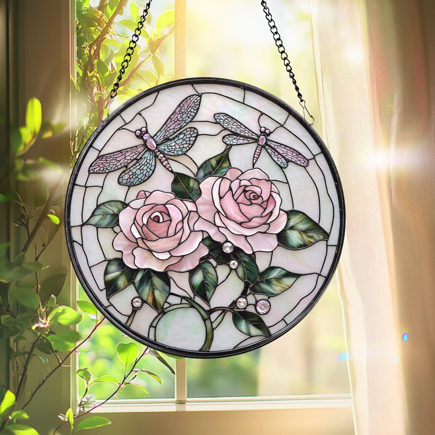 Double Dragonfly and Lotus Stained Glass Suncatcher, Floral Window Hanging, Zen Garden Decor, Nature-Inspired Art, Gift for Garden Lovers