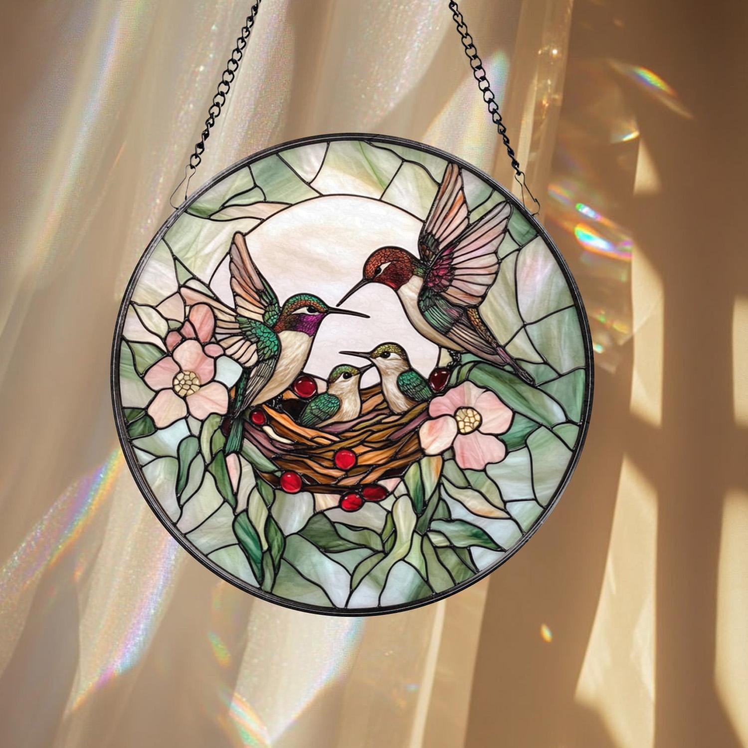 Hummingbirds Stained Glass Suncatcher, Wildflower Window Hanging, Nature-Inspired Decor, Memorial Gift for Her, Christmas Gift for Women
