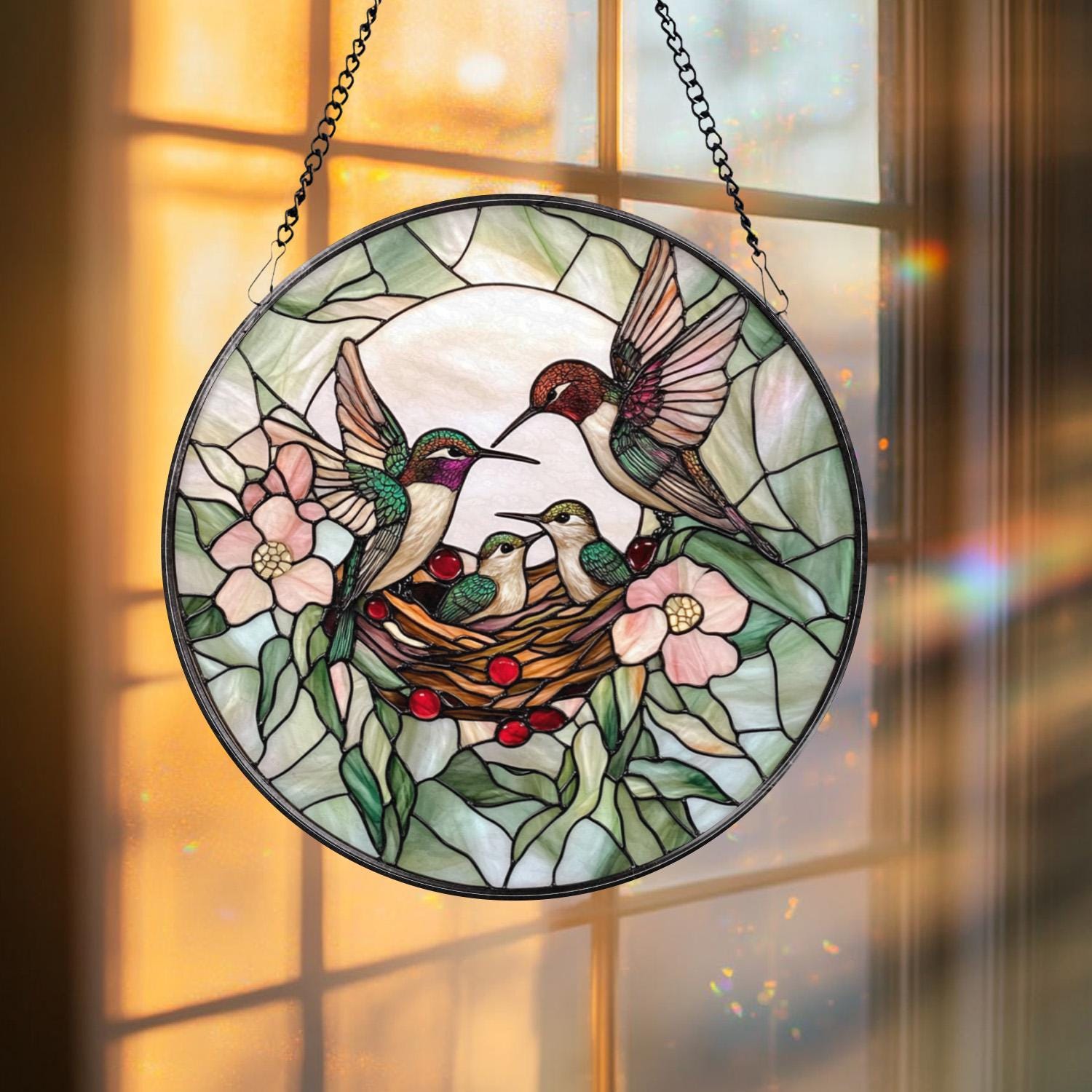 Hummingbirds Stained Glass Suncatcher, Wildflower Window Hanging, Nature-Inspired Decor, Memorial Gift for Her, Christmas Gift for Women