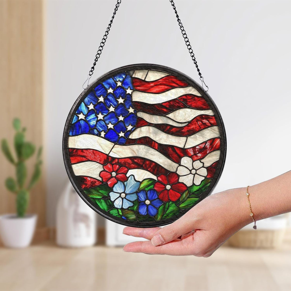 American Flag Stained Glass Suncatcher for Windows, Patriotic Home Decor, Rustic USA Style, Gift for Veterans, Fourth of July Decoration