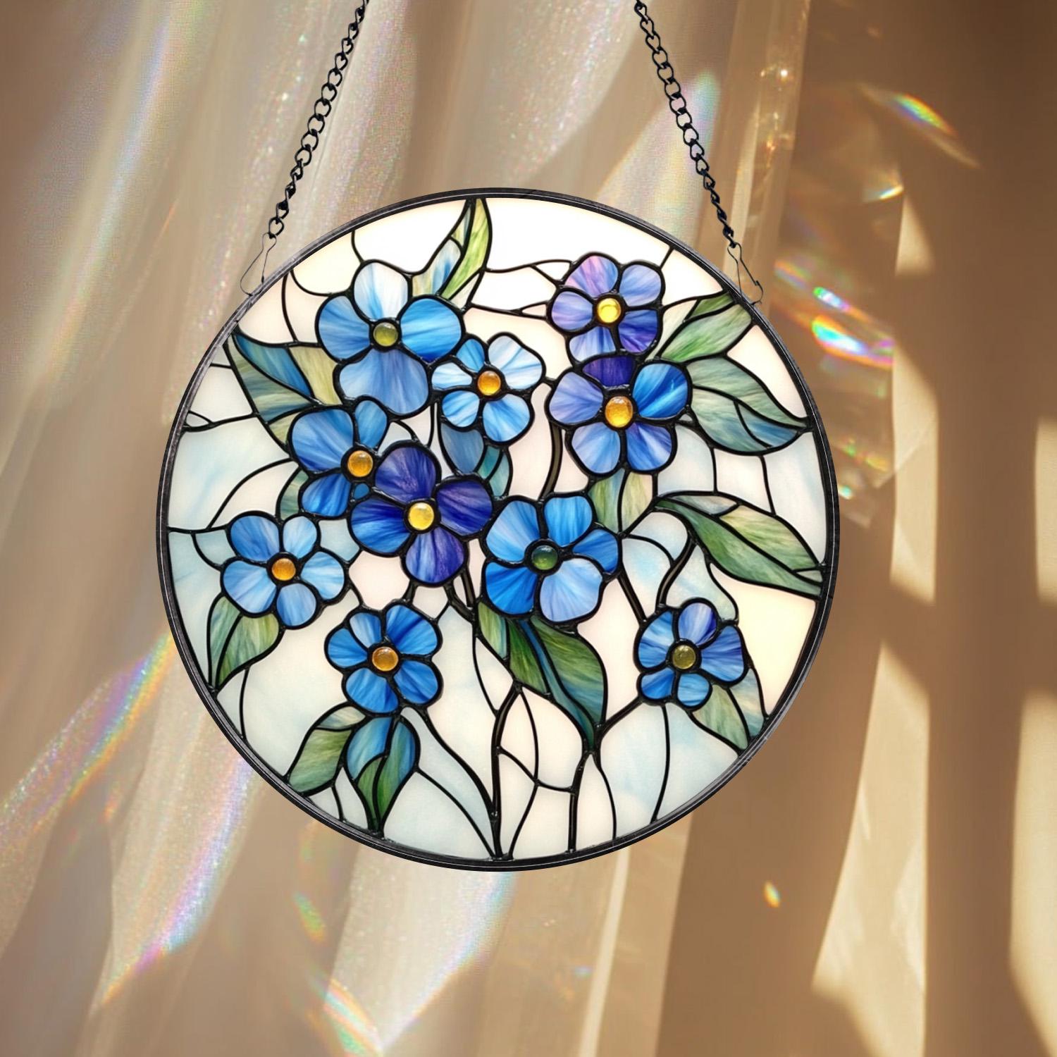 Forget-Me-Not Stained Glass Suncatcher, Blue Floral Window Hanging, Botanical Home Decor, Memorial Gift for Mom or Grandma, Spring Accent
