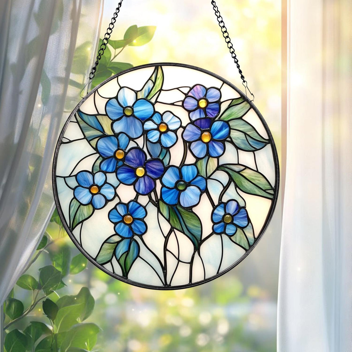 Forget-Me-Not Stained Glass Suncatcher, Blue Floral Window Hanging, Botanical Home Decor, Memorial Gift for Mom or Grandma, Spring Accent