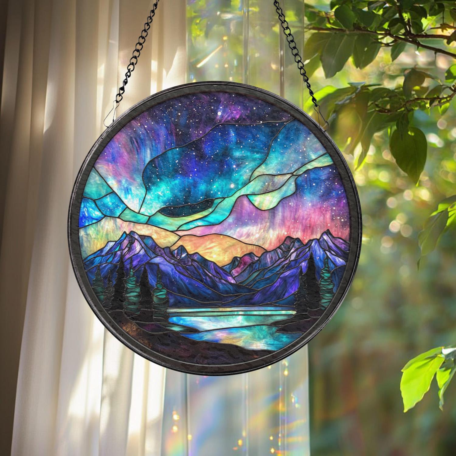 Aurora Borealis Glass Suncatcher, Northern Lights Window Decor, Mystical Sky Wall Art, Gift for Nature Lovers, Meditation Accent