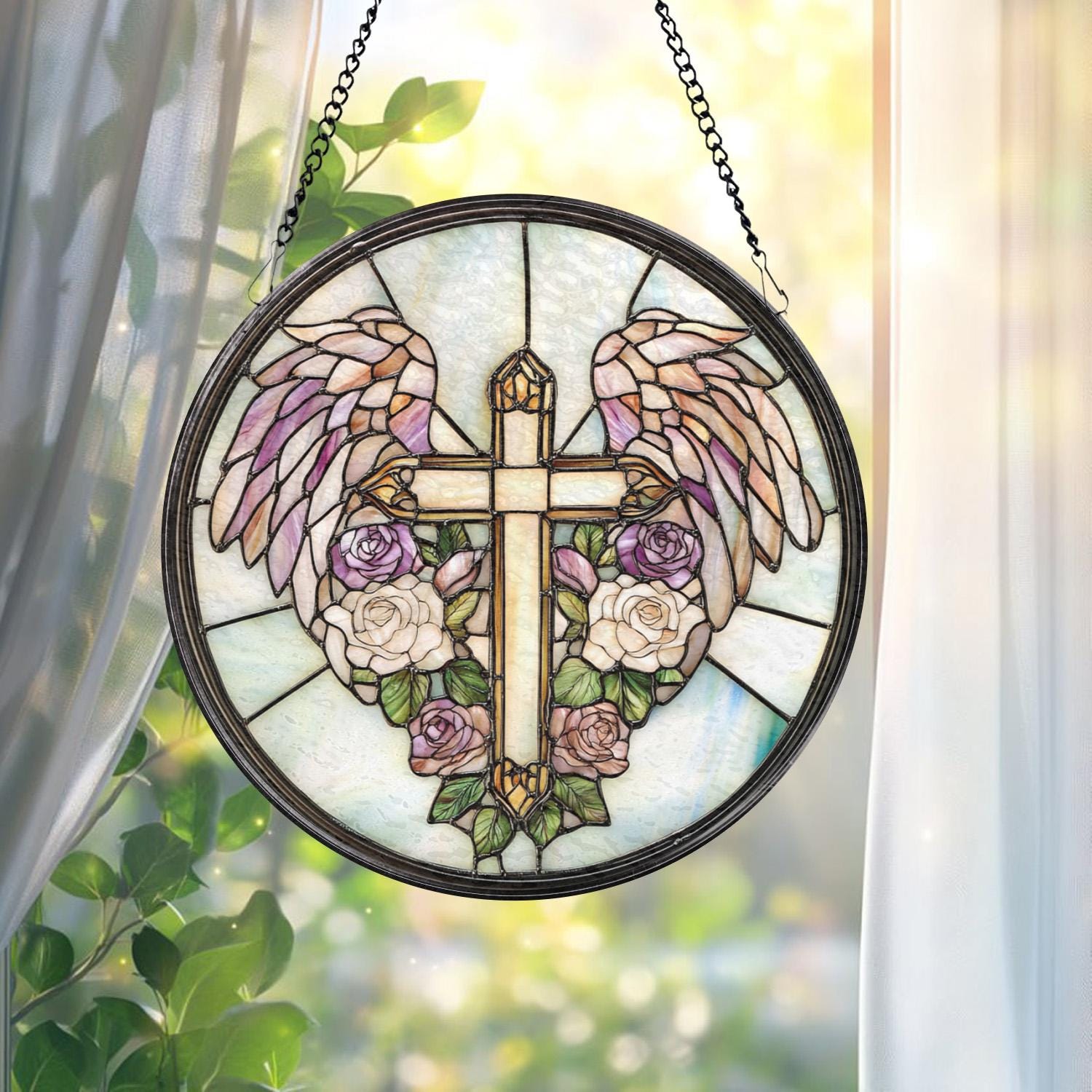 Heavenly Cross Glass Suncatcher, Angel Wings Window Decor, Christian Gift for Her, Spiritual Wall Art, Faith-Inspired Home Accent
