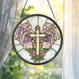 Heavenly Cross Glass Suncatcher, Angel Wings Window Decor, Christian Gift for Her, Spiritual Wall Art, Faith-Inspired Home Accent