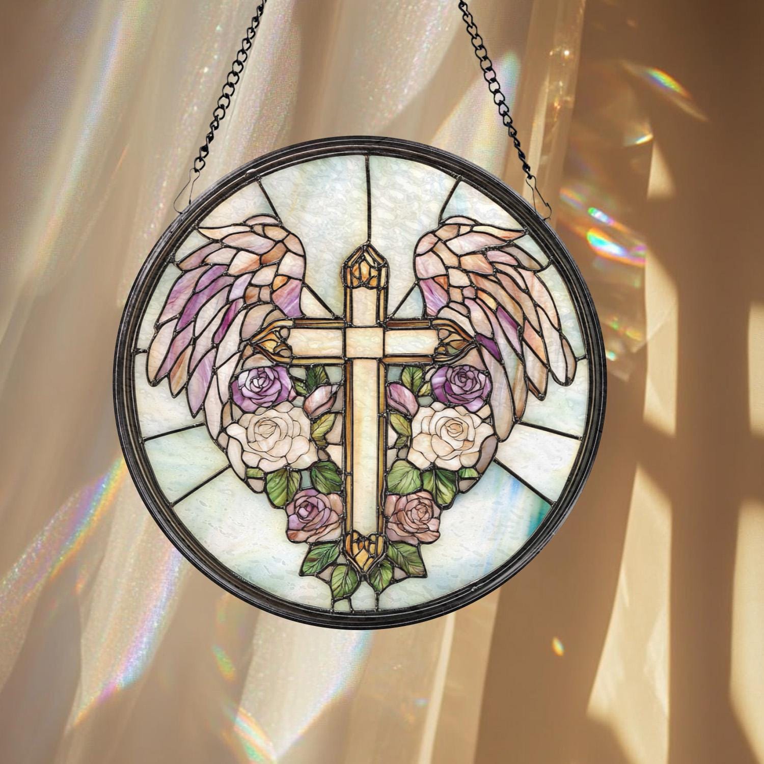 Heavenly Cross Glass Suncatcher, Angel Wings Window Decor, Christian Gift for Her, Spiritual Wall Art, Faith-Inspired Home Accent