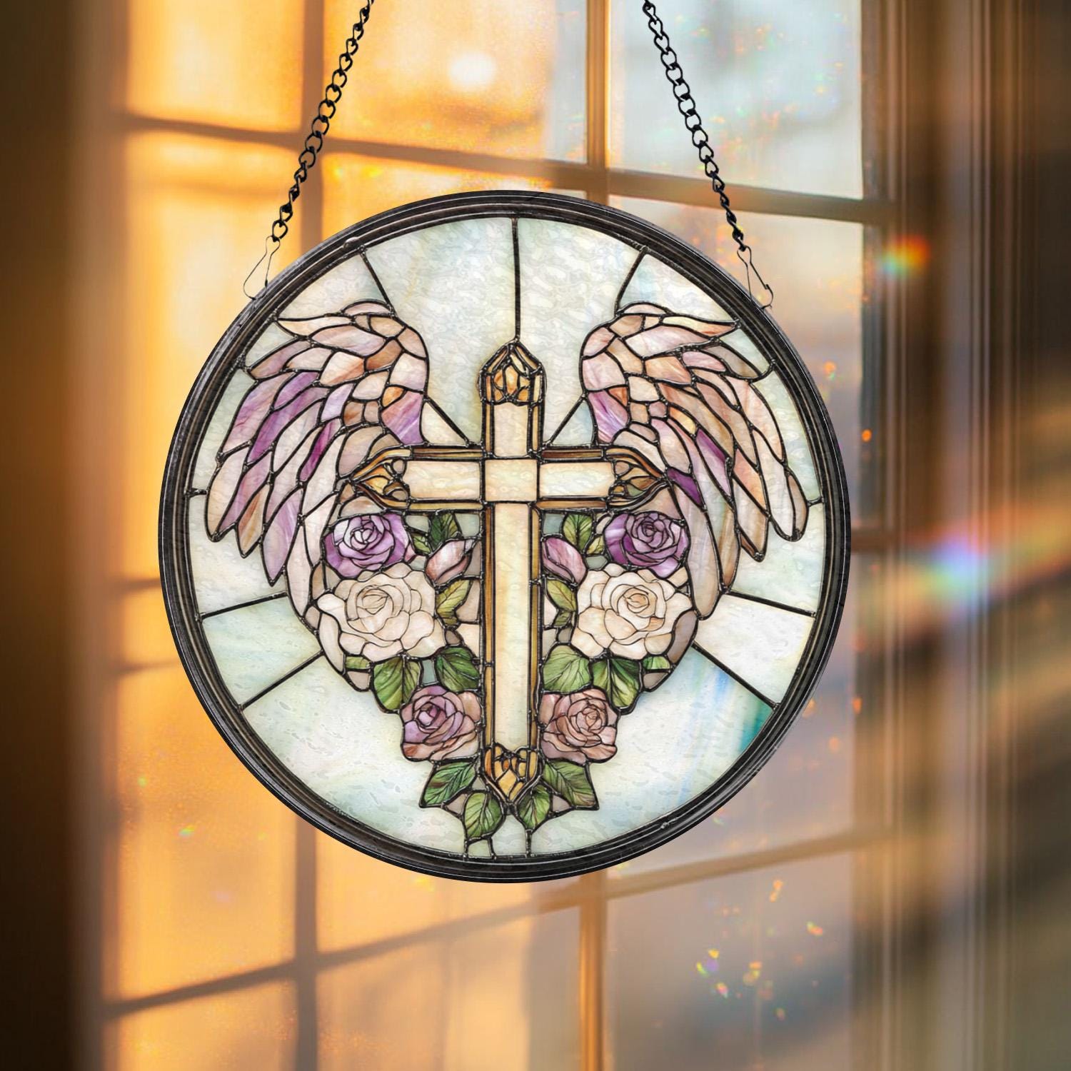 Heavenly Cross Glass Suncatcher, Angel Wings Window Decor, Christian Gift for Her, Spiritual Wall Art, Faith-Inspired Home Accent