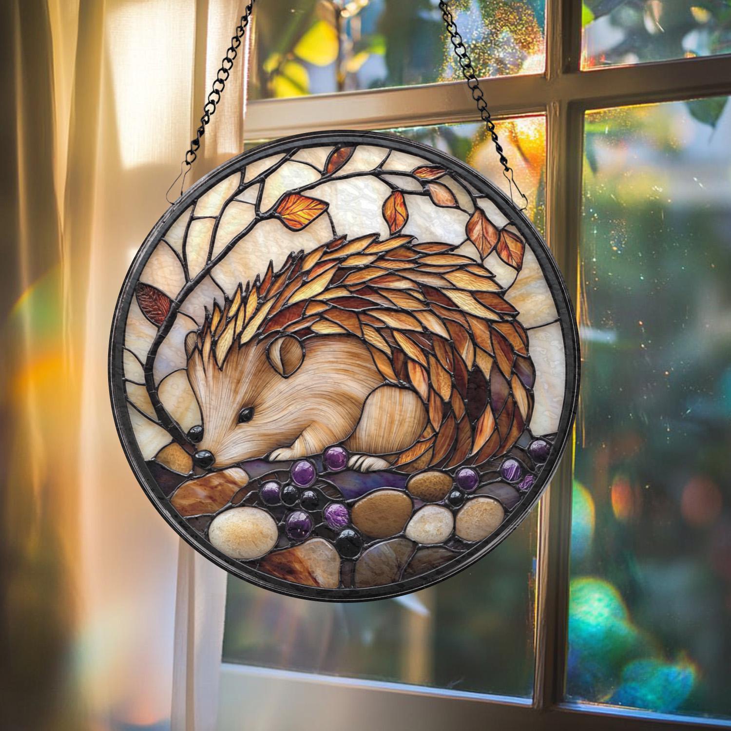 Hedgehog Stained Glass Suncatcher, Cute Animal Window Hanging, Woodland Decor, Gift for Her, Nature Lover Birthday or Xmas Gift