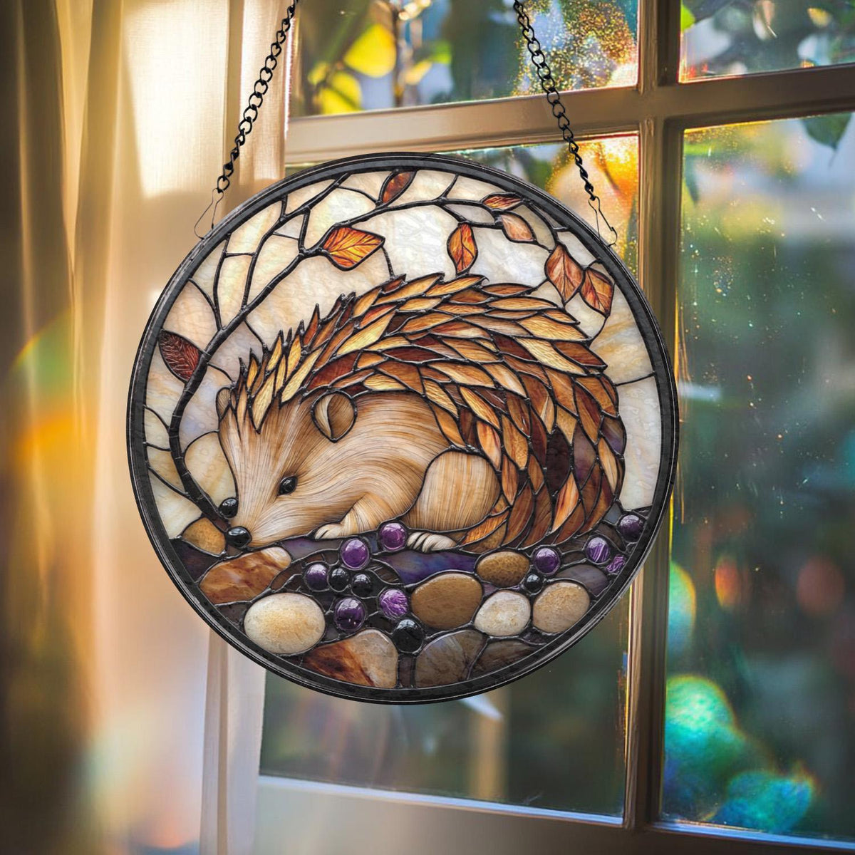 Hedgehog Stained Glass Suncatcher, Cute Animal Window Hanging, Woodland Decor, Gift for Her, Nature Lover Birthday or Xmas Gift