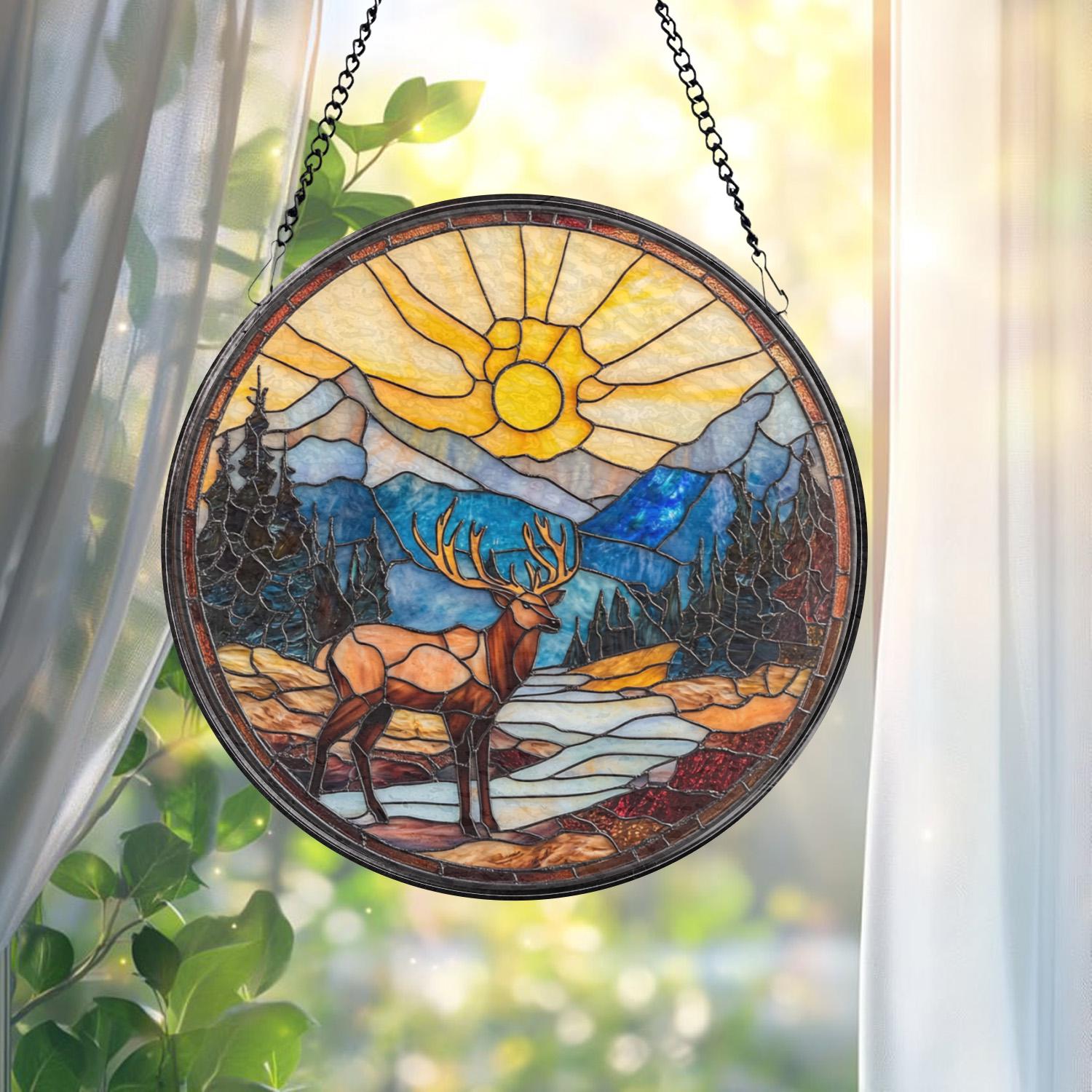 Majestic Deer Stained Glass Suncatcher, Mountain Sunset Window Hanging, Rustic Cabin Decor, Forest Wildlife Glass Art, Nature Lover Gift