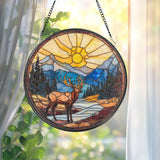Majestic Deer Stained Glass Suncatcher, Mountain Sunset Window Hanging, Rustic Cabin Decor, Forest Wildlife Glass Art, Nature Lover Gift