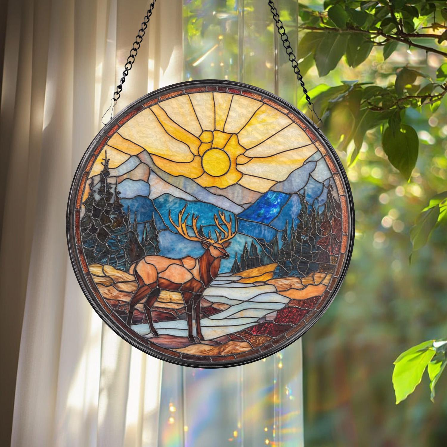 Majestic Deer Stained Glass Suncatcher, Mountain Sunset Window Hanging, Rustic Cabin Decor, Forest Wildlife Glass Art, Nature Lover Gift