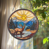 Majestic Deer Stained Glass Suncatcher, Mountain Sunset Window Hanging, Rustic Cabin Decor, Forest Wildlife Glass Art, Nature Lover Gift