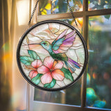 Hummingbird and Hibiscus Glass Wall Hanging, Floral Suncatcher Decor, Garden Window Accent, Gift for Bird Lovers, Flower Lover Gift