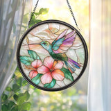 Hummingbird and Hibiscus Glass Wall Hanging, Floral Suncatcher Decor, Garden Window Accent, Gift for Bird Lovers, Flower Lover Gift
