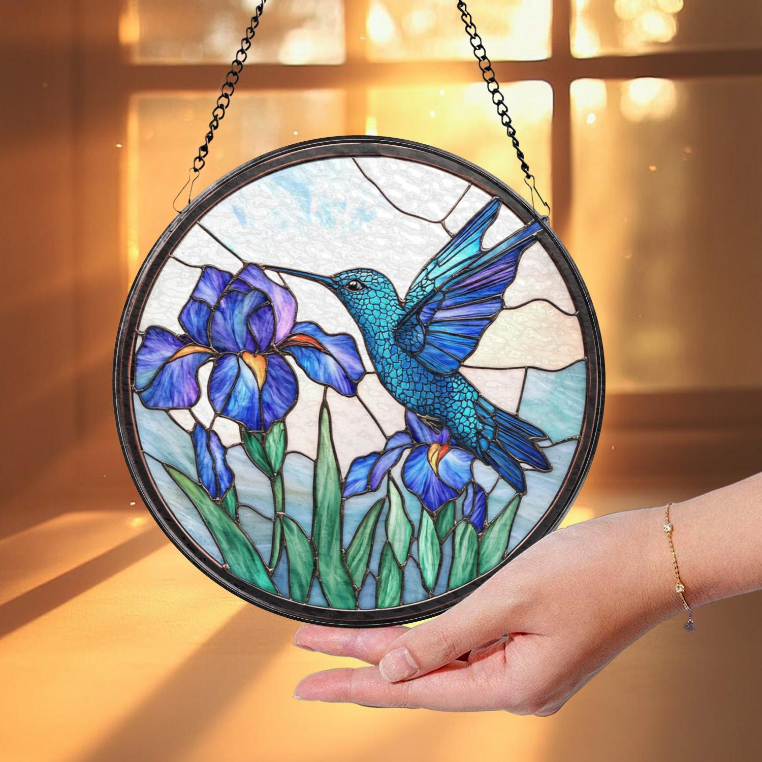 Hummingbird and Iris Flower Stained Glass Suncatcher, Blue Bird Window Hanging, Botanical Glass Art, Garden Window Decor, Nature Lover Gift