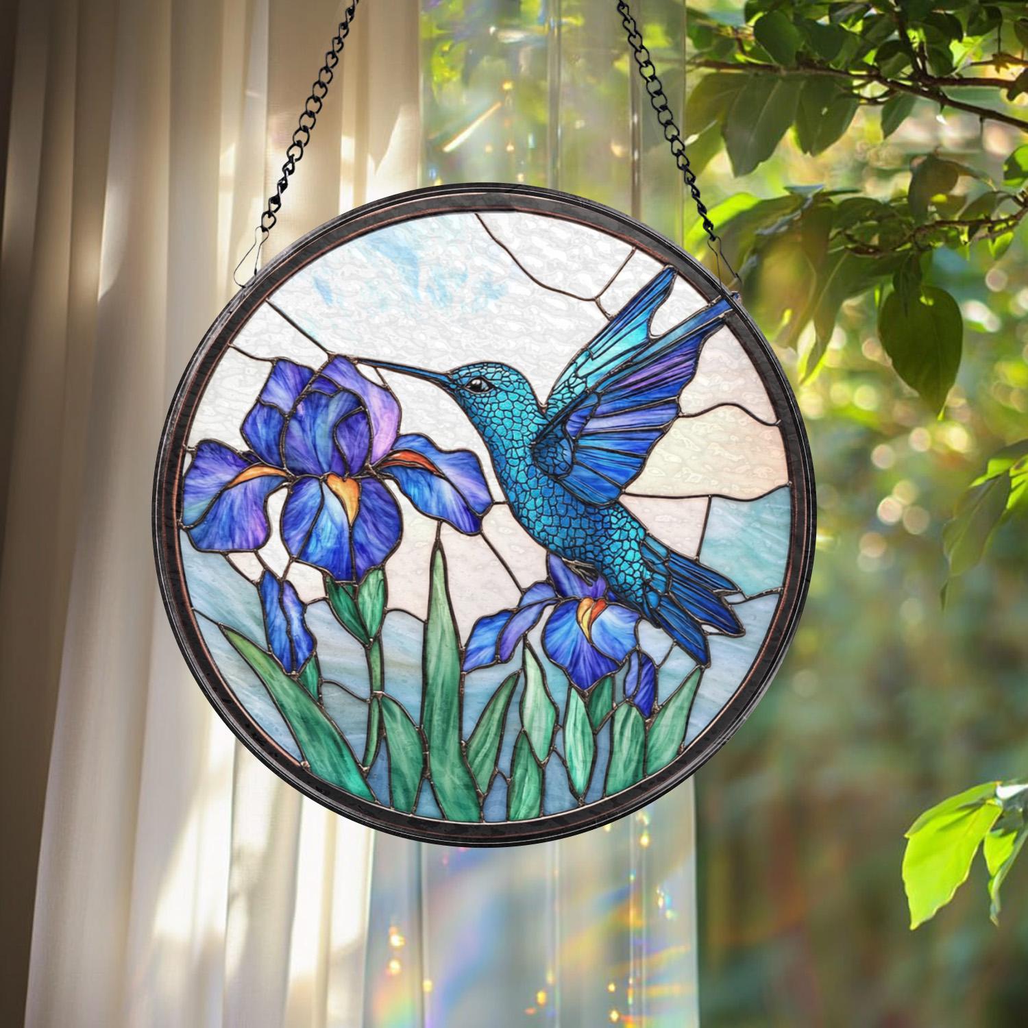 Hummingbird and Iris Flower Stained Glass Suncatcher, Blue Bird Window Hanging, Botanical Glass Art, Garden Window Decor, Nature Lover Gift