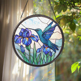 Hummingbird and Iris Flower Stained Glass Suncatcher, Blue Bird Window Hanging, Botanical Glass Art, Garden Window Decor, Nature Lover Gift