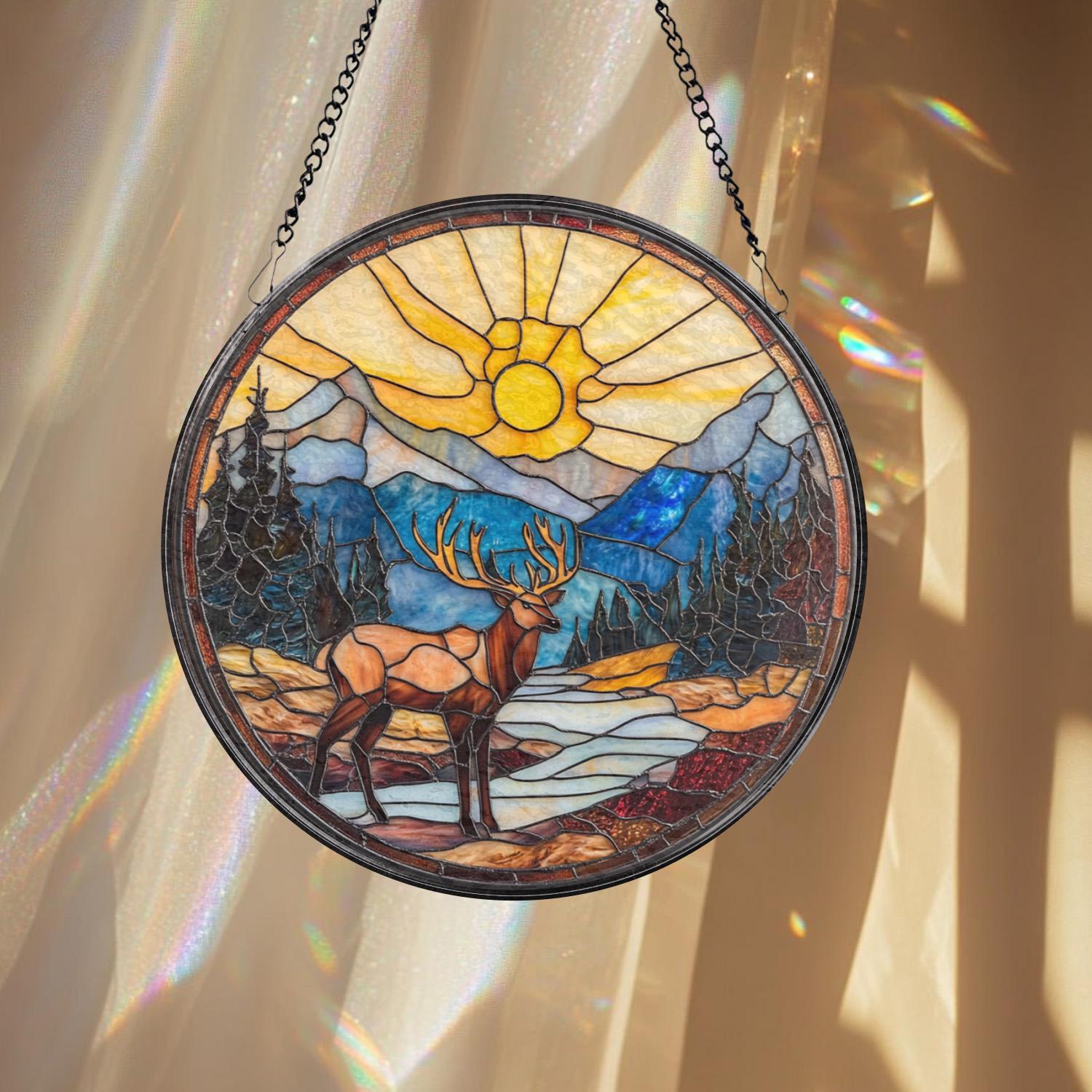 Majestic Deer Stained Glass Suncatcher, Mountain Sunset Window Hanging, Rustic Cabin Decor, Forest Wildlife Glass Art, Nature Lover Gift