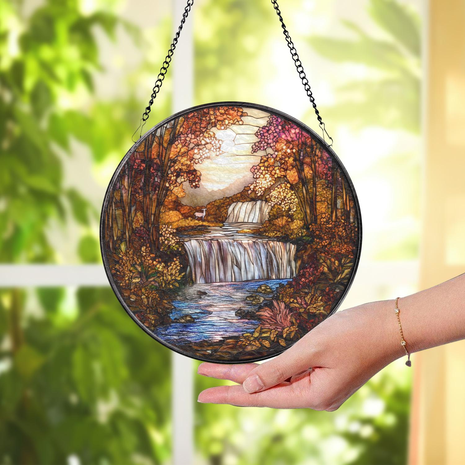 Autumn Waterfall Stained Glass Suncatcher, Fall Forest Scenic Window Hanging, Rustic Nature Glass Art Decor, Peaceful Landscape Gift