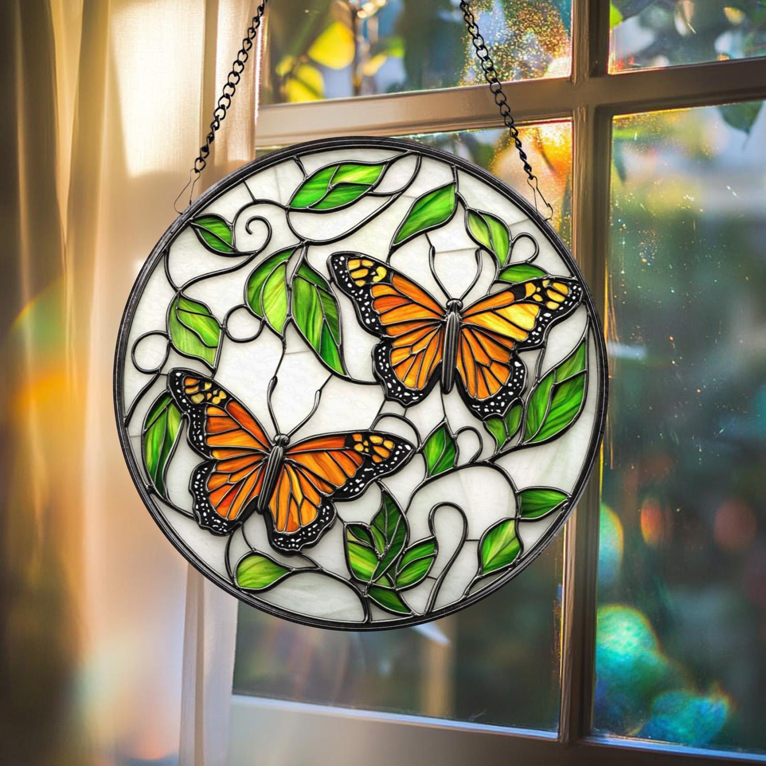 Monarch Butterfly Stained Glass Suncatcher, Round Window Hanging with Vines and Leaves, Nature Inspired Gift for Garden Lovers