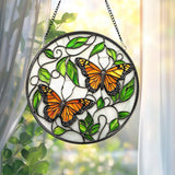 Monarch Butterfly Stained Glass Suncatcher, Round Window Hanging with Vines and Leaves, Nature Inspired Gift for Garden Lovers