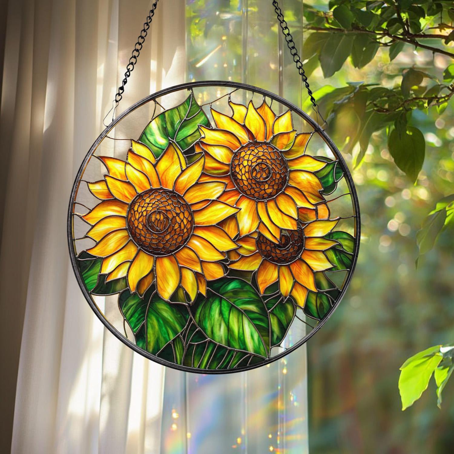Sunflower Glass Suncatcher, Floral Pendant Window Hanging, Sunflower Window Decor, Gift for Mom or Grandma, Bright Kitchen or Garden Accent