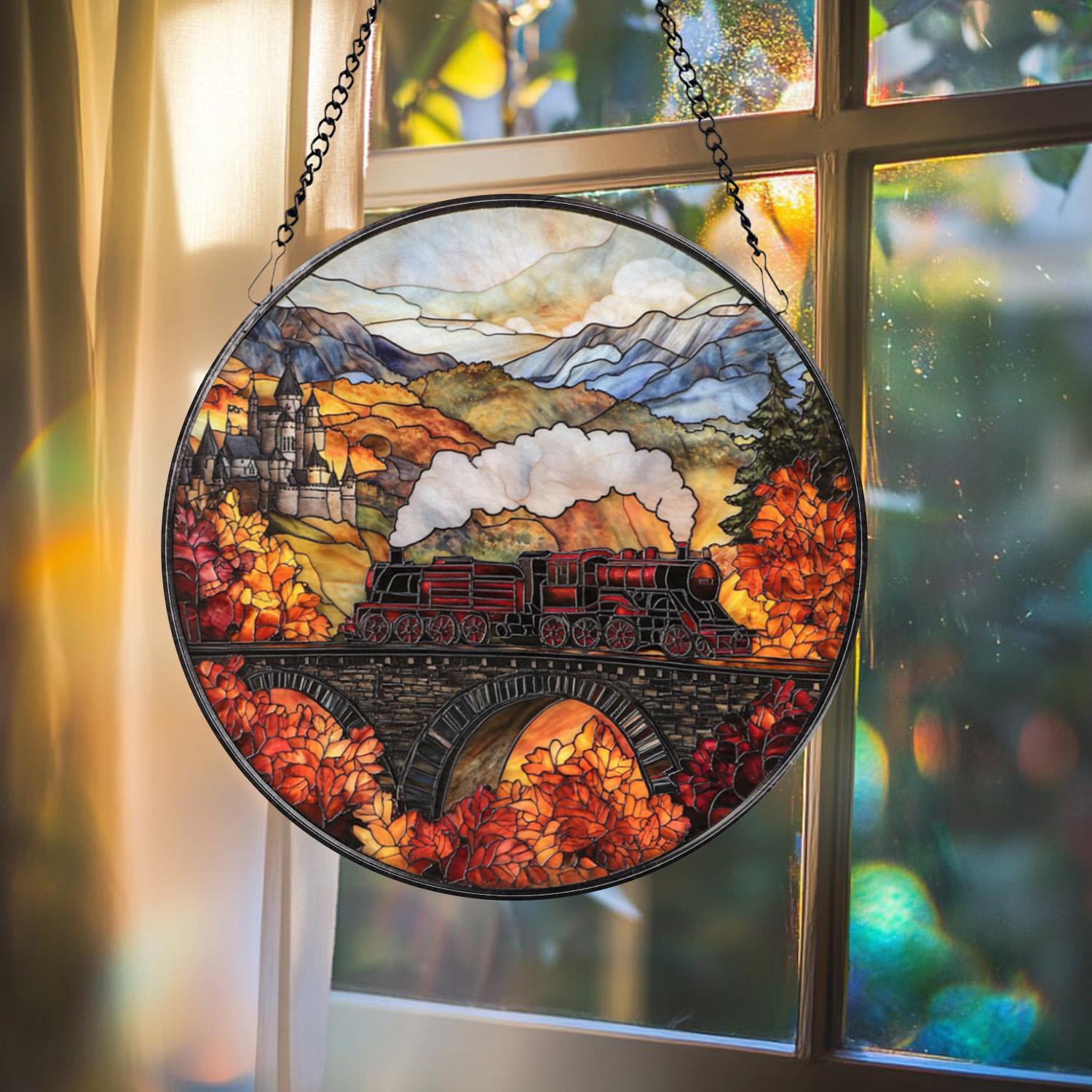 Magical Train Stained Glass Suncatcher, Fantasy Castle Window Hanging, Autumn Adventure Glass Art, Gift for Book and Travel Lovers