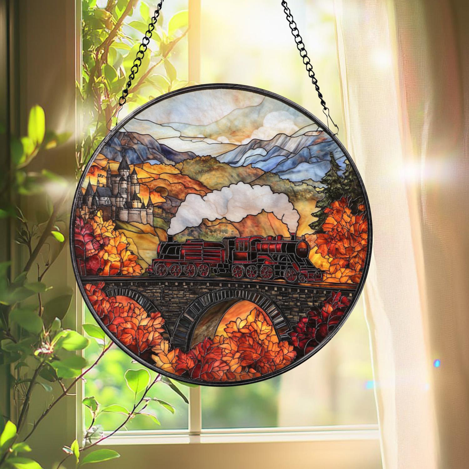 Magical Train Stained Glass Suncatcher, Fantasy Castle Window Hanging, Autumn Adventure Glass Art, Gift for Book and Travel Lovers