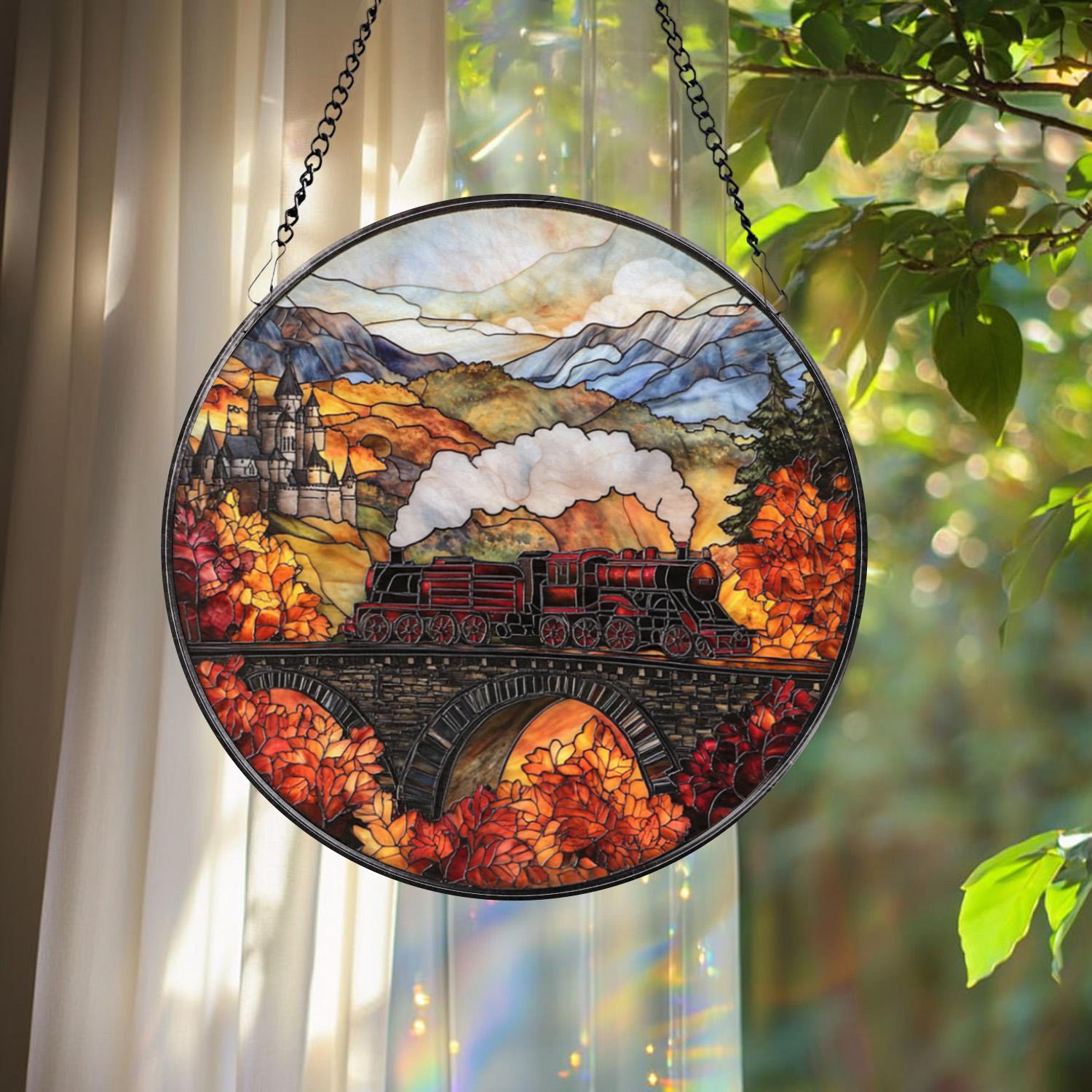 Magical Train Stained Glass Suncatcher, Fantasy Castle Window Hanging, Autumn Adventure Glass Art, Gift for Book and Travel Lovers