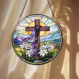 Christian Cross Stained Glass Suncatcher, Sunset Cross Window Hanging, Religious Home Decor, Jesus Faith Ornament, Floral Cross Wall Art